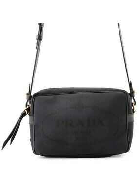 Prada Shoulder Bag Logo Cross Canvas Leather Black